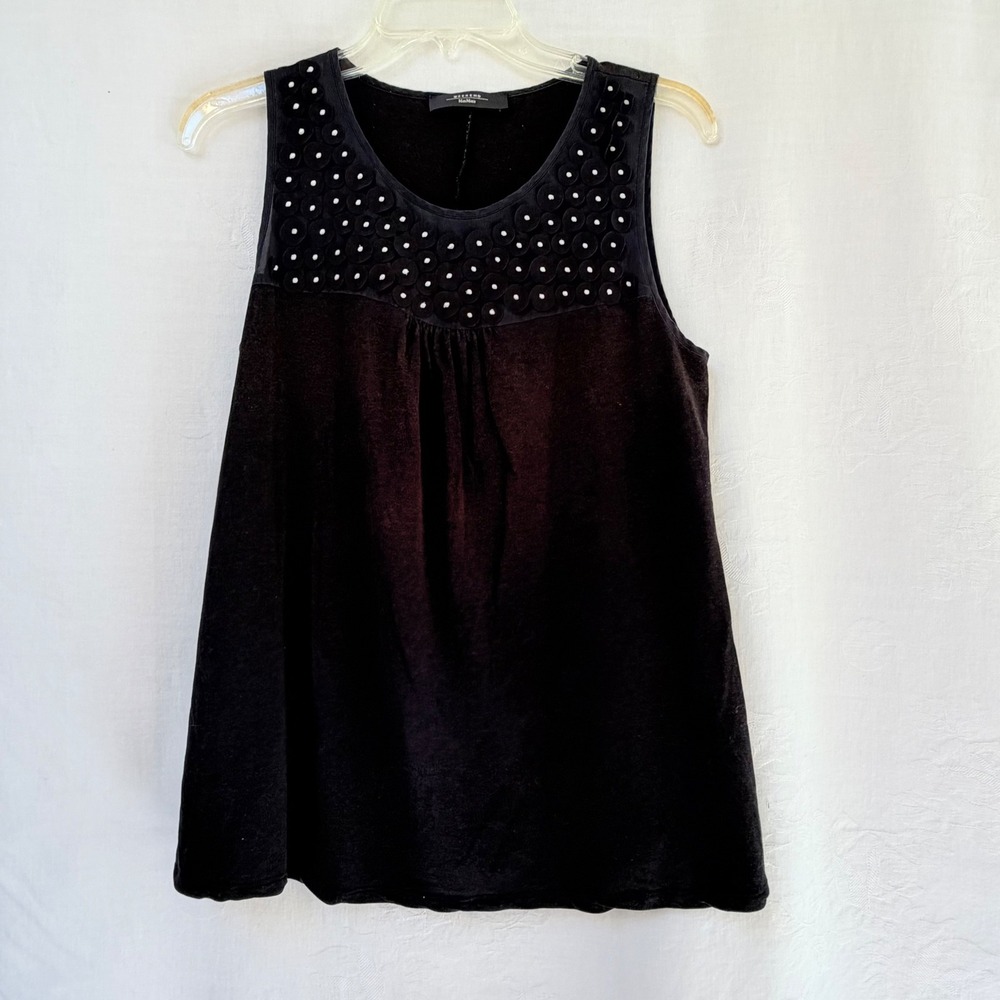Weekend MaxMara Tank Top Womens Large Black Floral Applique Beaded Chic Basic